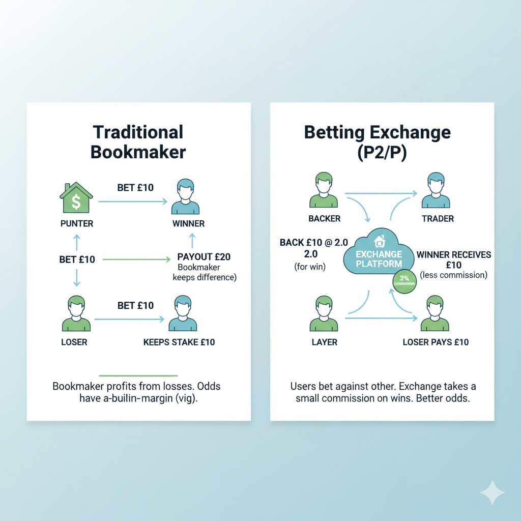 Infographic comparing the money flow of a traditional bookmaker vs. a betting exchange hedge bets exchange