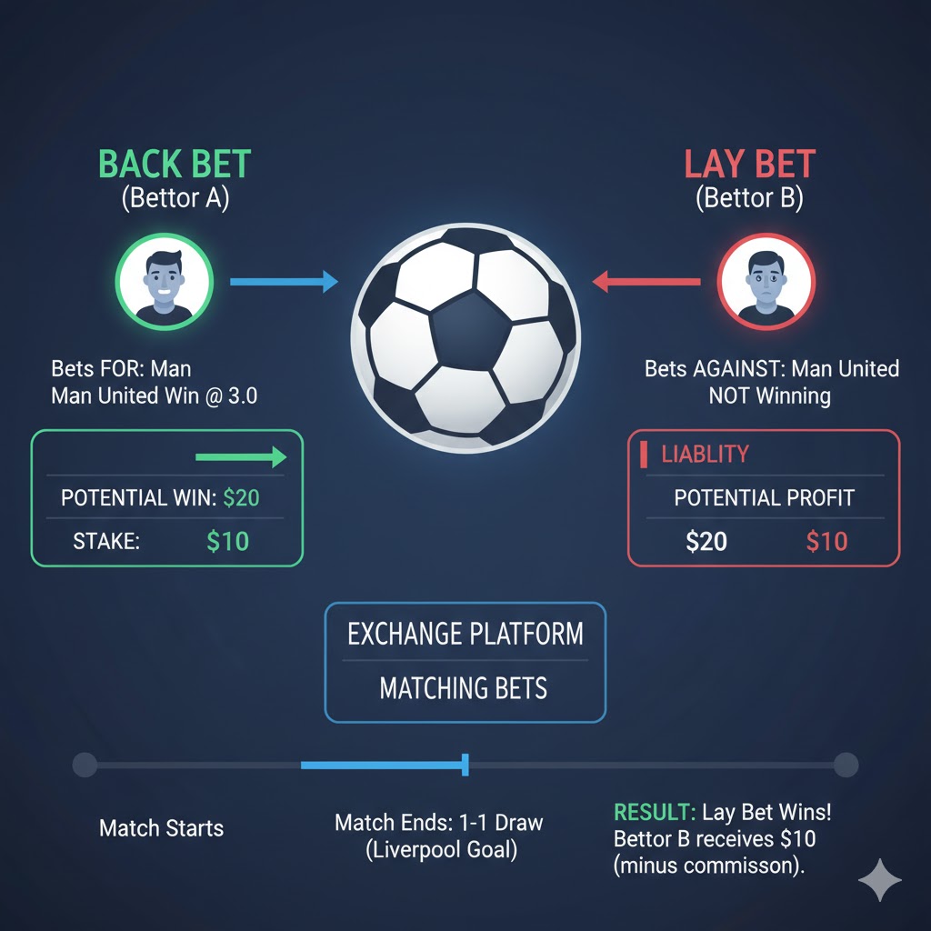 Diagram showing a 'Back' bet and 'Lay' bet being matched on an exchange