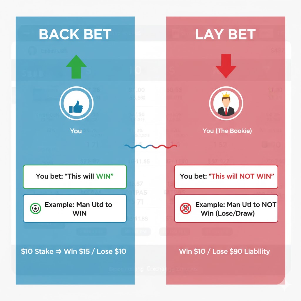 A simple infographic visually comparing a Back Bet (blue) and a Lay Bet (pink) best markets betting exchange