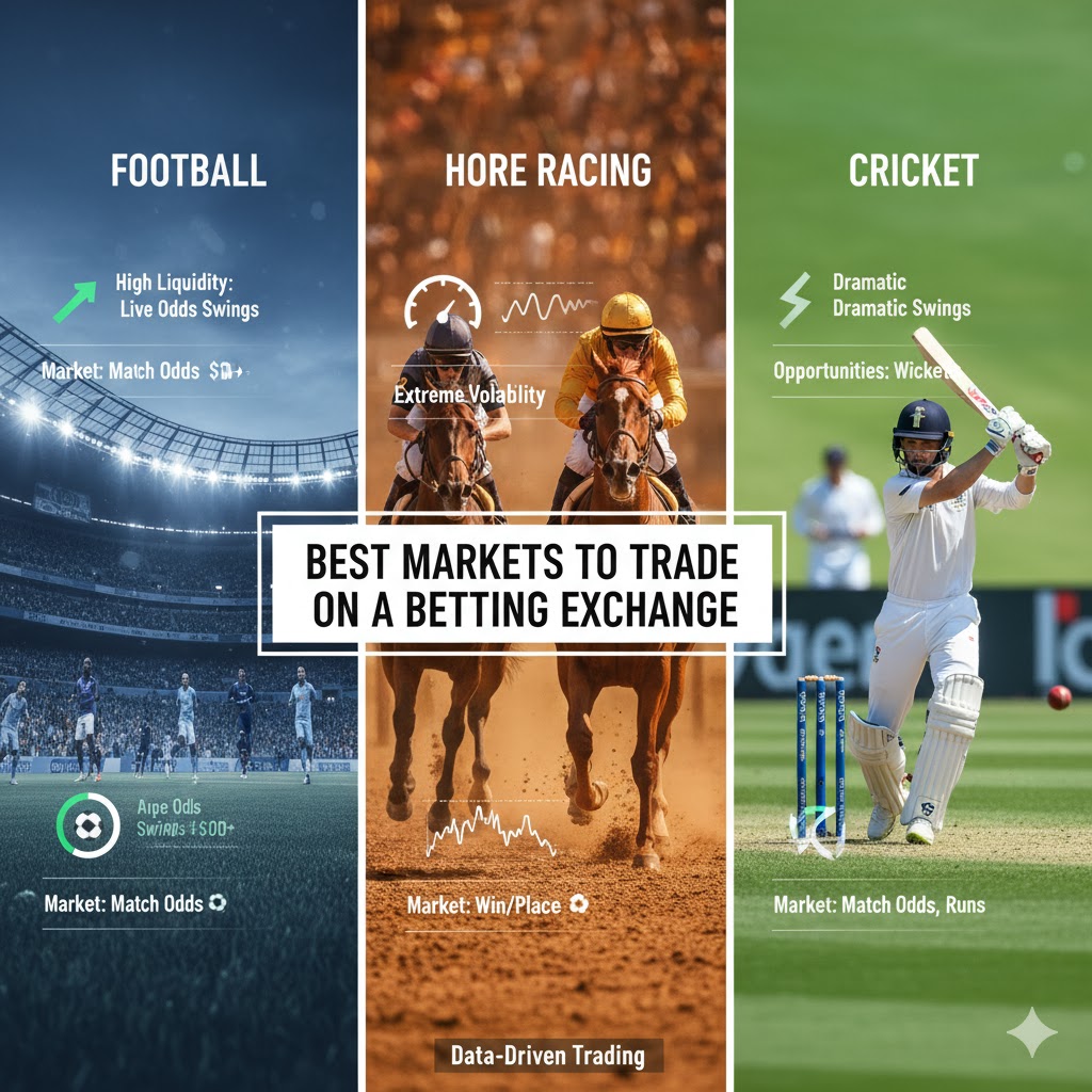 A split-screen image showing a football pitch, a horse race, and a cricket match best markets betting exchange